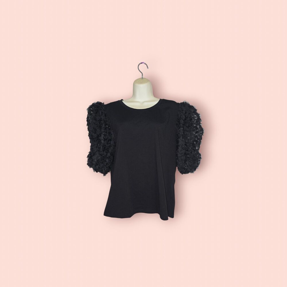 Flat White Black Textured Puff Sleeve Blouse XL Statement Ruffle Anthropologie